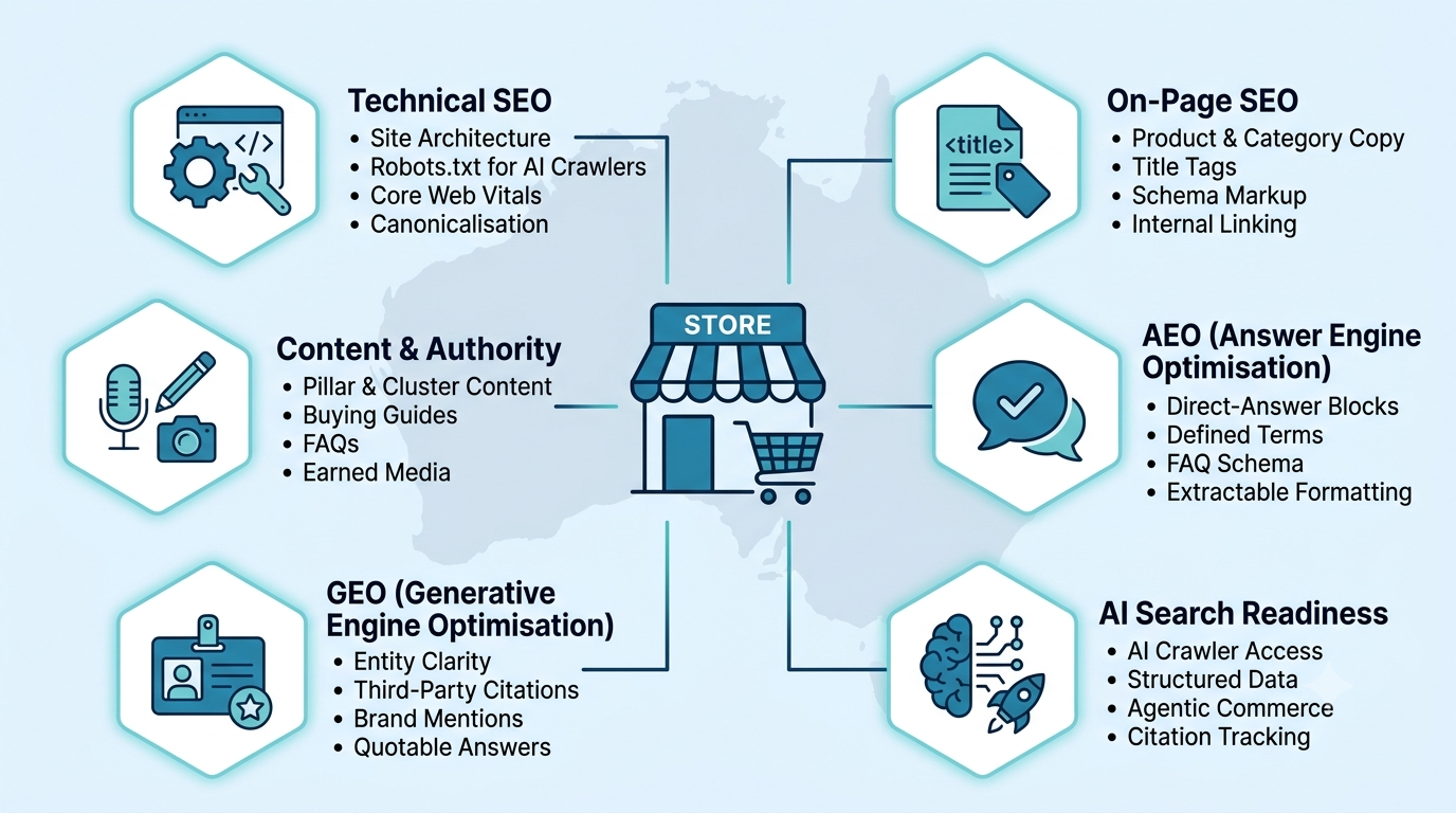 Diagram showing ecommerce SEO, AEO and GEO pillars — technical, on-page, content, schema, entity clarity and citations, connected to a central store icon