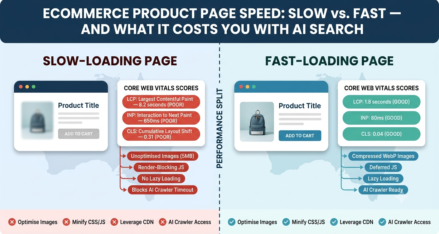 Comparison of a slow-loading versus fast-loading ecommerce product page showing Core Web Vitals scores and AI crawler impact