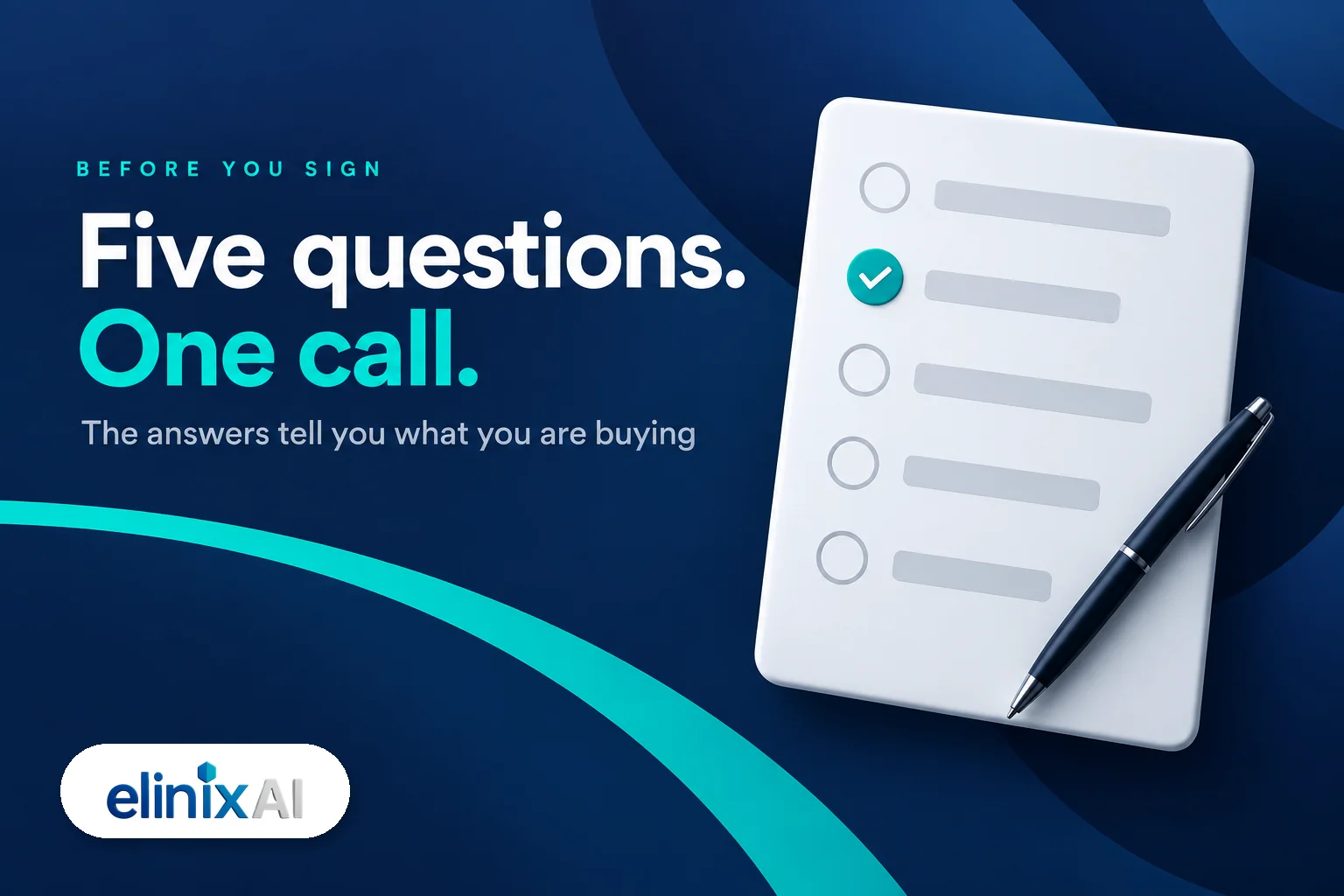 A five-item checklist card representing the five questions to ask an AI SEO agency before signing