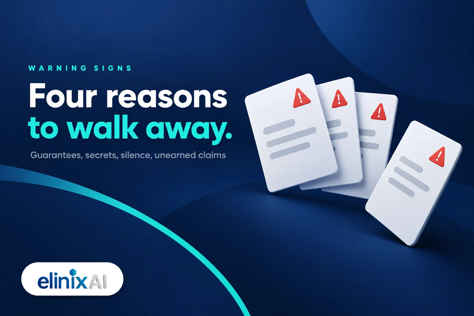 Four warning-sign cards representing guaranteed results, a secret AI lever, secrecy about method, and a diagnosis nobody earned